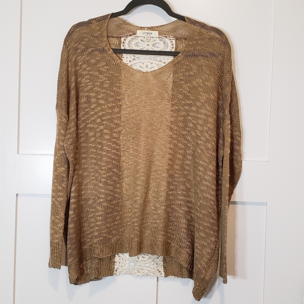 Umgee Tunic Open Knit Oversized Boxy Laced CrochetTan Off White Size Sma…